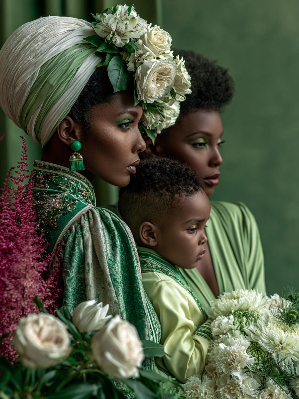 Two women and a child in green, with white flowers, in quiet remembrance